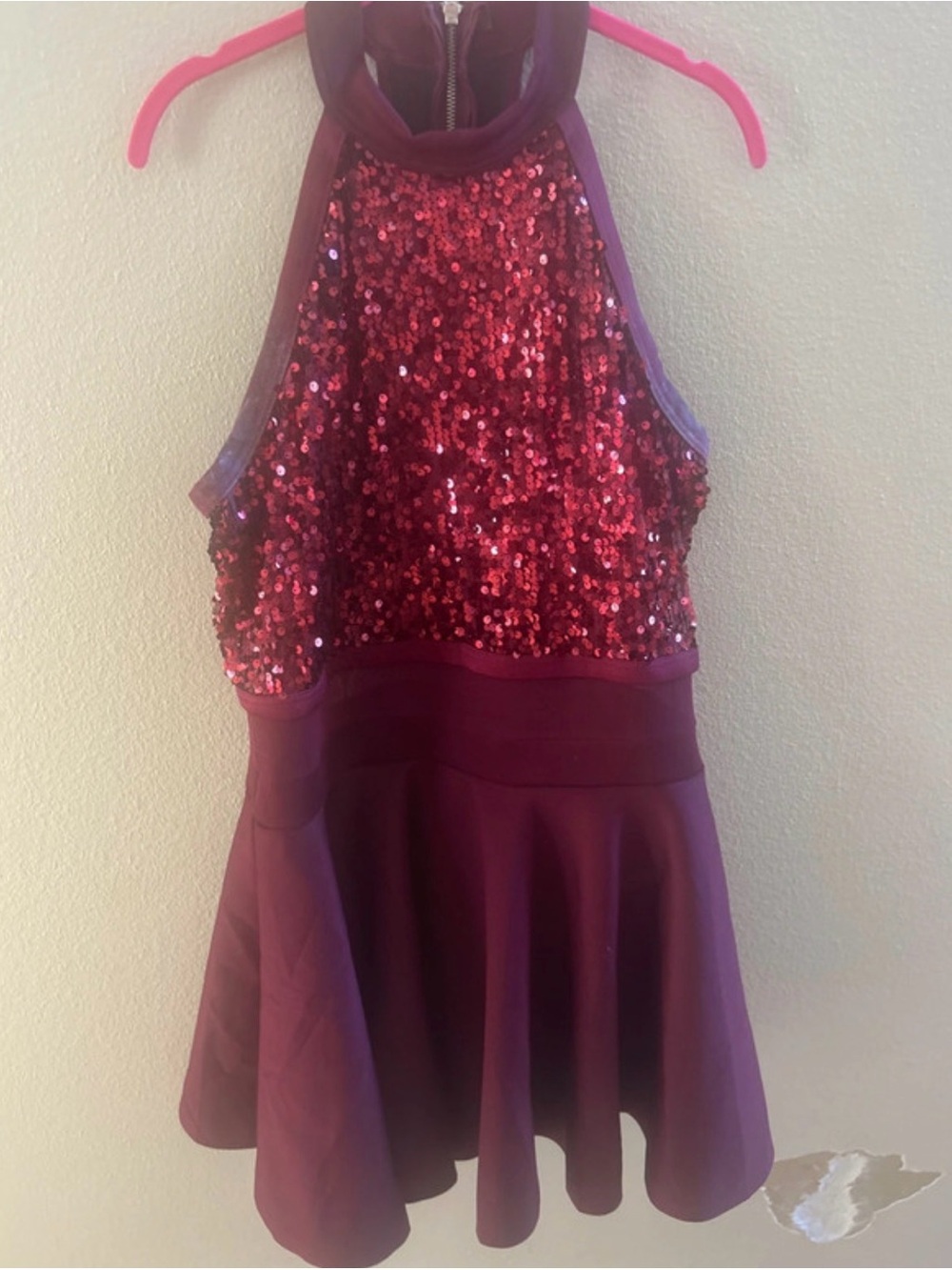 Kids Sequin Halter Skater Dress in Burgundy built in underwear